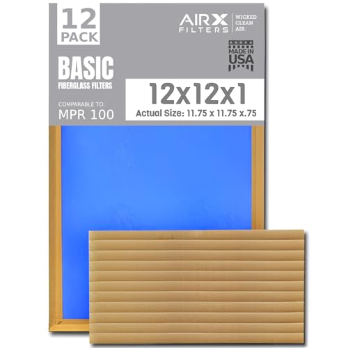 12x12x1 Air Filter Comparable to MPR 100 Basic Economy Furnace Filters, 12 Pack of Non Pleated Fiberglass Filter For Dust - Low Airflow Restriction! From AIRX FILTERS WICKED CLEAN AIR.